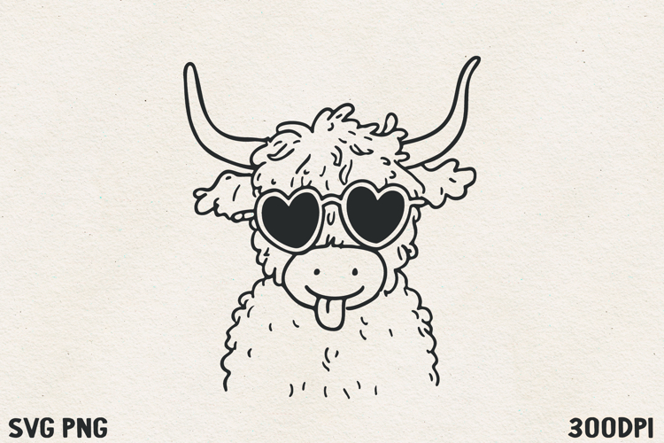 Cool Highland Cow with Heart Glasses SVG PNG