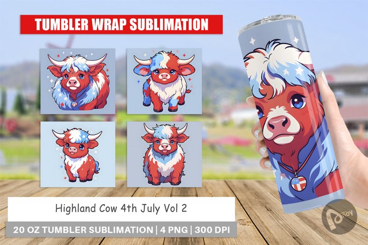 Tumbler Sublimation Wrap Highland Cow 4th July