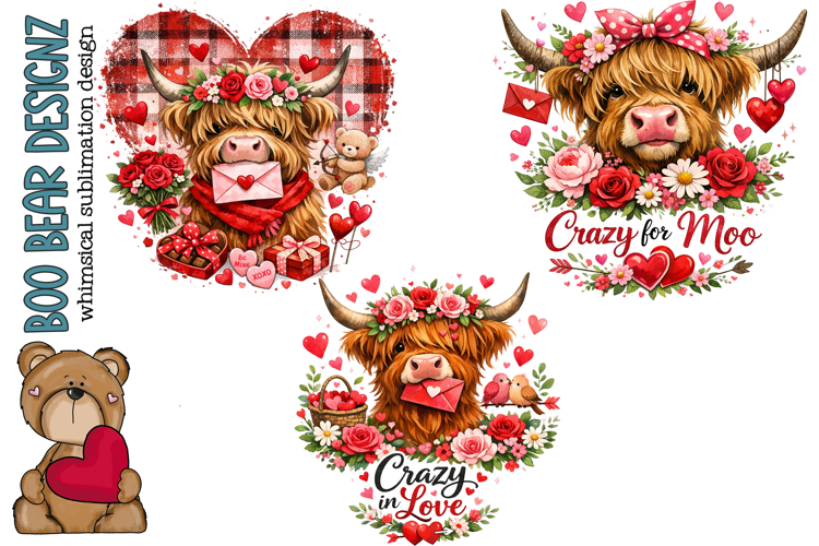 Whimisical Valetine Highland Cow Clipart