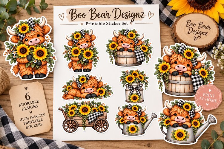 Highland Cow Sunflower Sticker Printable example image 1