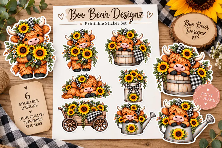 Highland Cow Sunflower Sticker Printable