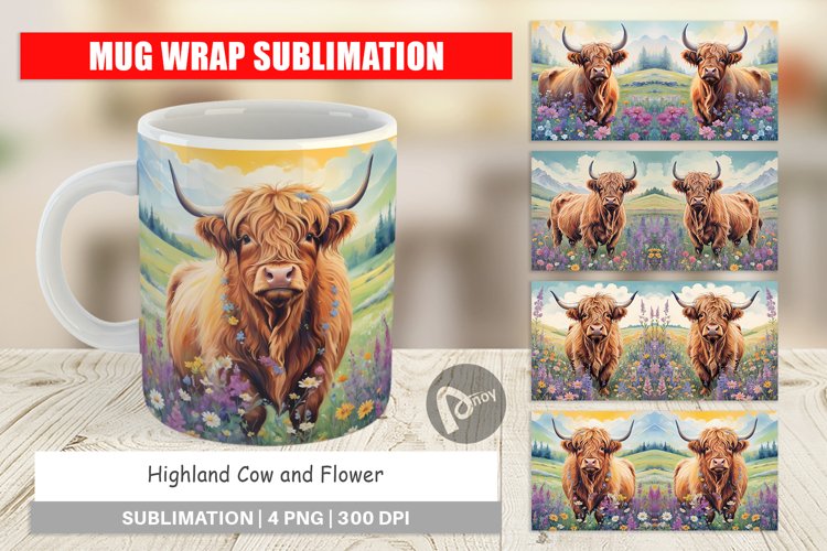 Mug Wrap Design Highland Cow and Flower