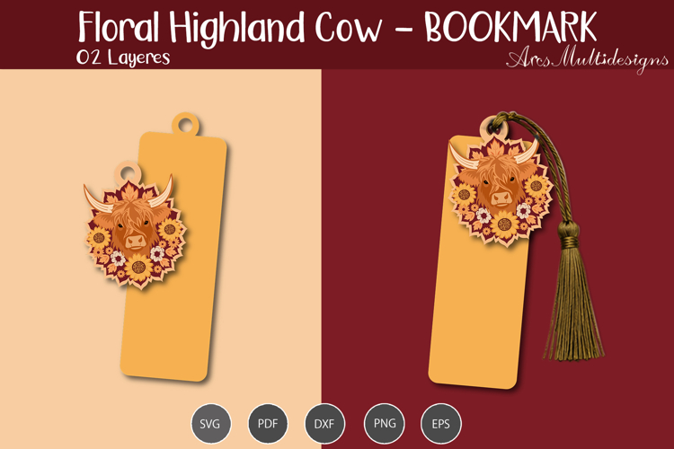 Floral Highland cow Bookmark SVG example image 1