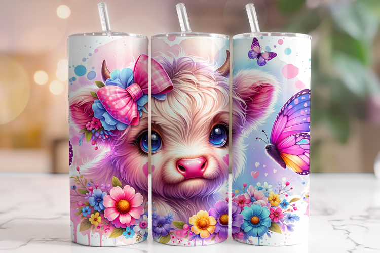 Floral Highland Cow Tumbler Wrap, Cute Highland Cow Tumbler