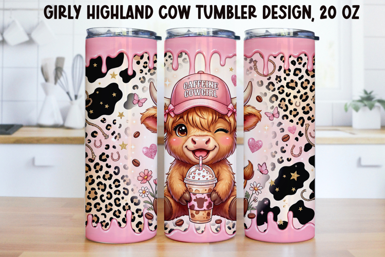Girly Highland Cow Tumbler Wrap PNG 20oz
