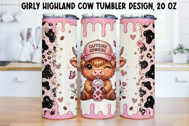 Girly Highland Cow Tumbler Wrap PNG 20oz