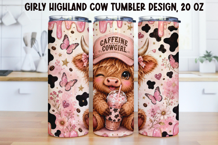 Girly Highland Cow Tumbler Wrap PNG 20oz