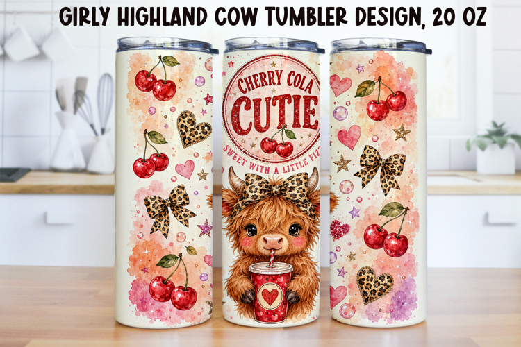 Girly Highland Cow Tumbler Wrap PNG 20oz