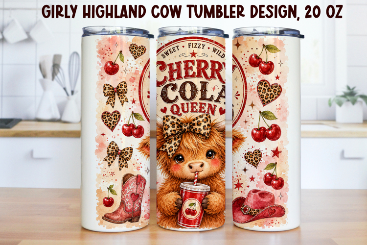 Girly Highland Cow Tumbler Wrap PNG 20oz