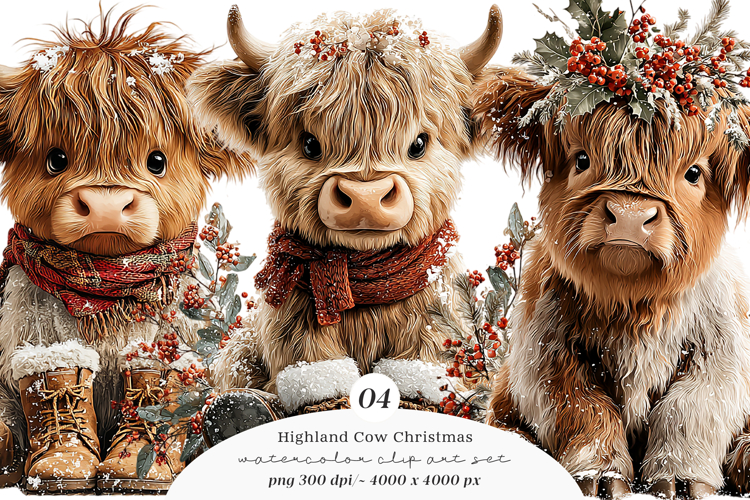 Highland Cow Christmas Clipart example image 1
