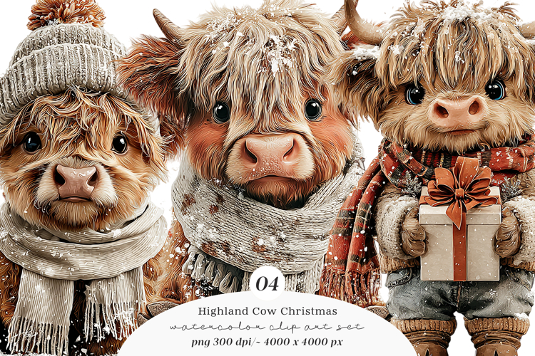 Highland Cow Christmas Clipart example image 1