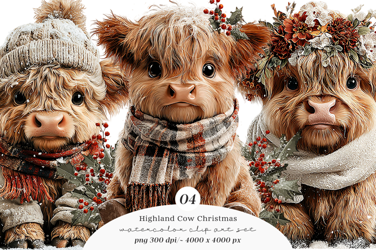 Highland Cow Christmas Clipart example image 1