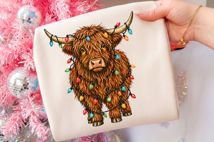 Highland Cow Christmas Light Winter PNG, Retro Xmas Shirt