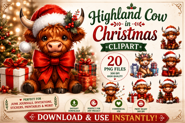 Highland Cow Christmas PNG Clipart Bundle