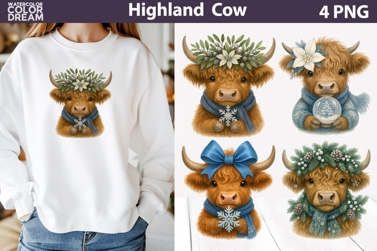 Winter Highland Cow Clipart | Christmas Sublimation