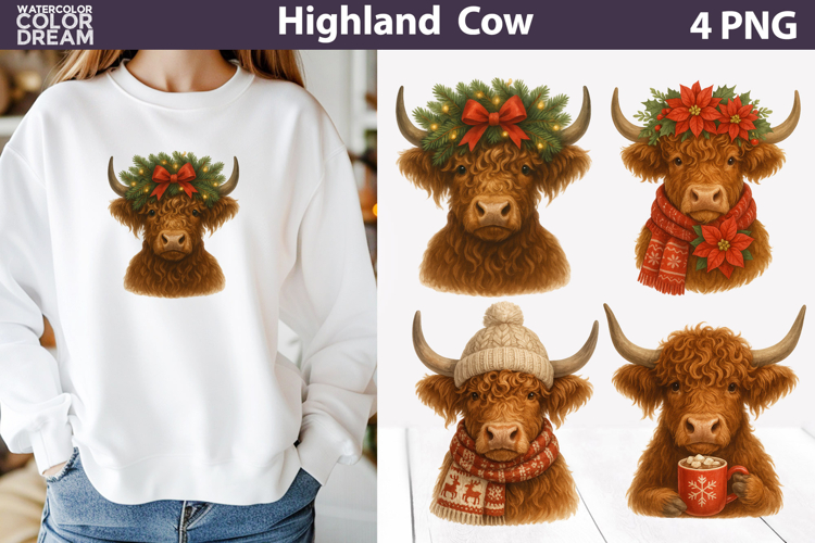Winter Highland Cow Clipart | Christmas Sublimation