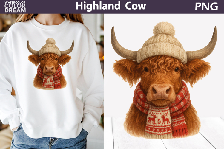 Winter Highland Cow Clipart | Christmas Sublimation