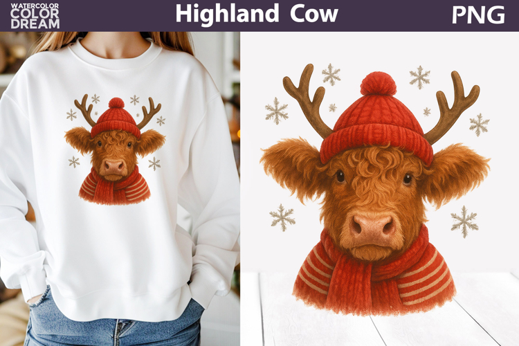 Winter Highland Cow Clipart | Christmas Sublimation