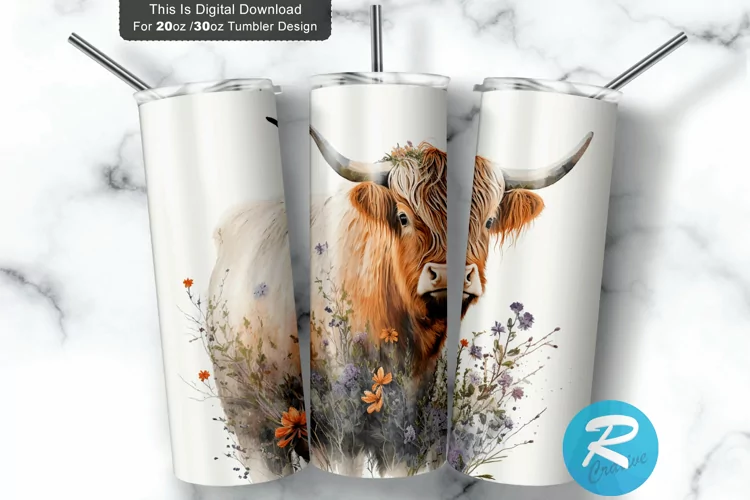 Highland Cow Crossandra Flowers 20oz/30oz Skinny Tumbler