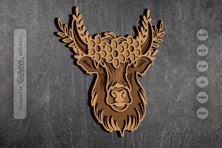 Highland Cow Floral Crown Layered Laser Cut