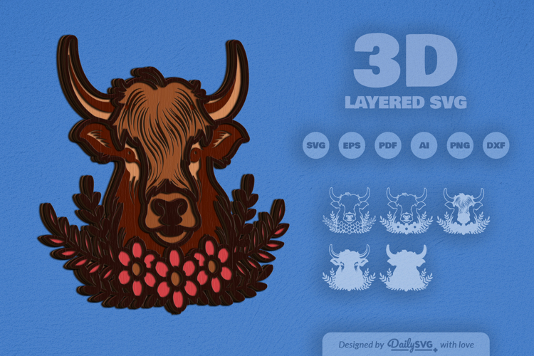 Highland Cow Floral Layered Laser Cut