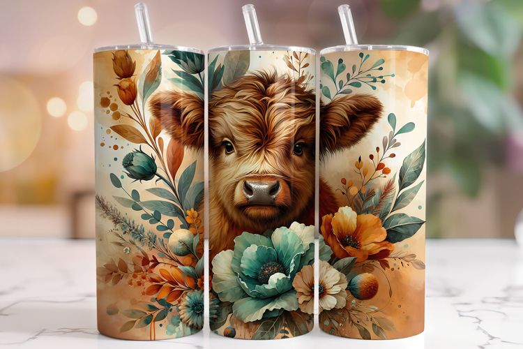 Floral Highland Cow Tumbler Wrap, Cute Highland Cow Tumbler