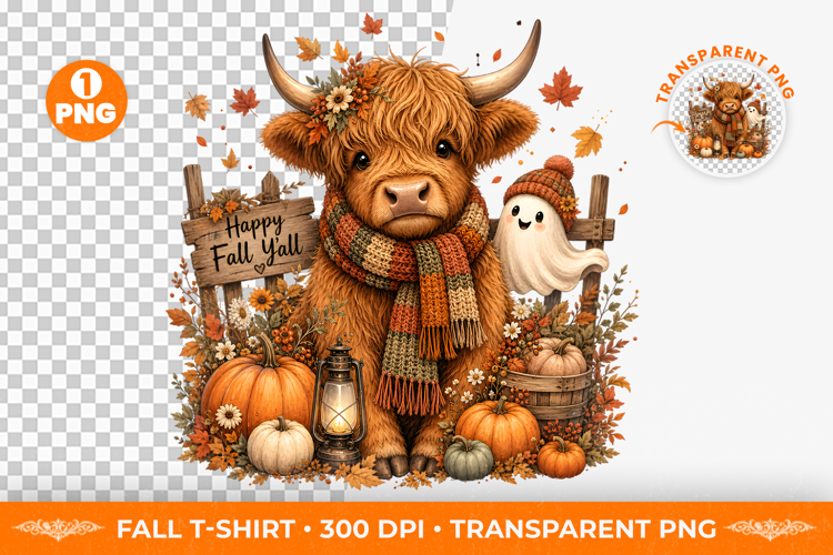 Highland Cow Ghost Fall Sublimation Clipart PNG