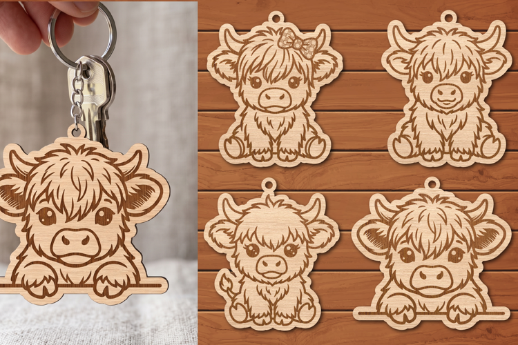 Highland Cow Keychain and Car Charm SVG, Laser Cut Files