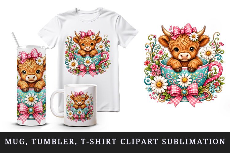 Highland cow tumbler, mug wrap, clipart sublimation design example image 1
