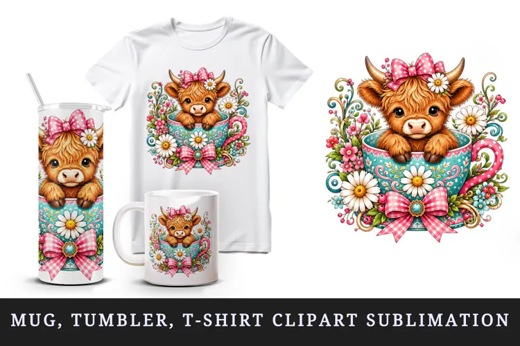 Highland cow tumbler, mug wrap, clipart sublimation design