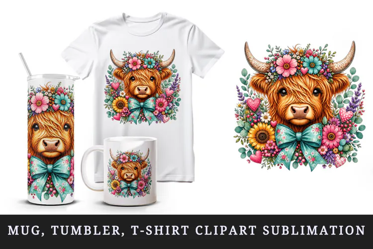 Highland cow tumbler, mug wrap, clipart sublimation design