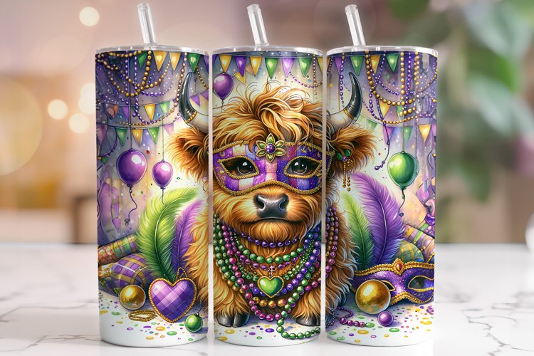 Mardi Gras Highland Cow Tumbler Wrap, Mardi Gras Tumbler PNG