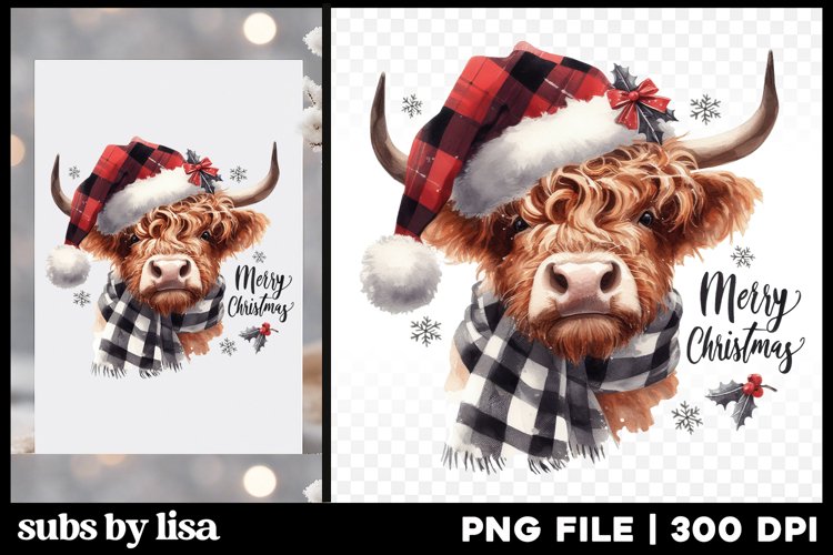 Merry Christmas Highland Cow Sublimation Design Watercolor