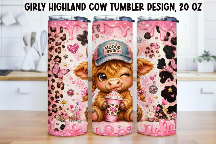 Girly Highland Cow Tumbler Wrap PNG 20oz