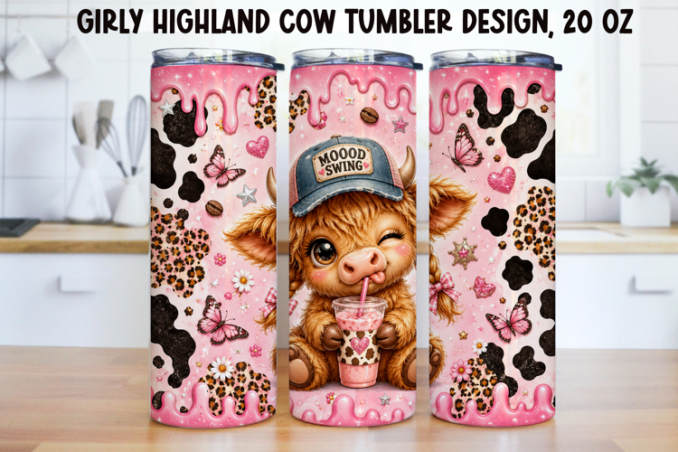 Girly Highland Cow Tumbler Wrap PNG 20oz