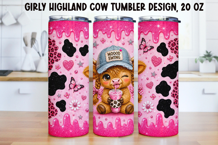 Girly Highland Cow Tumbler Wrap PNG 20oz