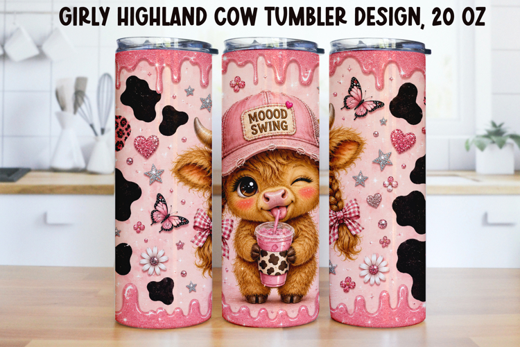 Girly Highland Cow Tumbler Wrap PNG 20oz