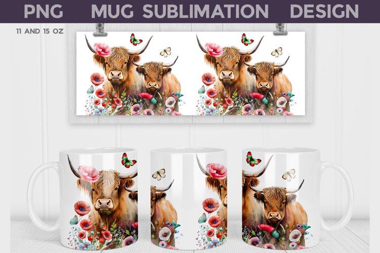 Highland Cow Mug Wrap | Cow Floral Mug example image 1