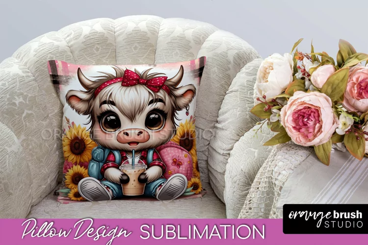 Highland Cow Pillow Cover - Sunflower Pillow PNG Sublimation