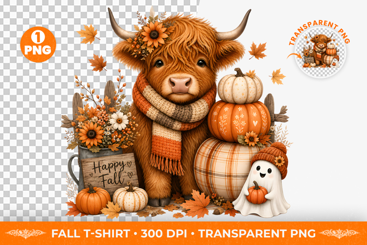 Highland Cow Pumpkin Fall Sablimation Clipart PNG