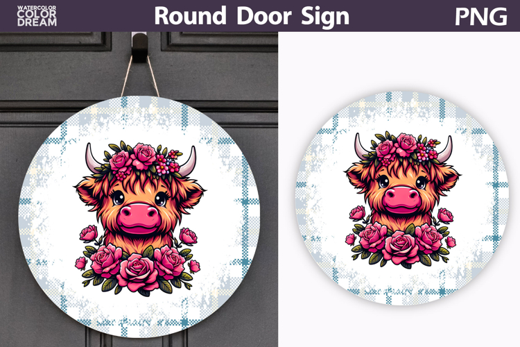 Highland Cow Floral Door Sign | Round Sublimation PNG