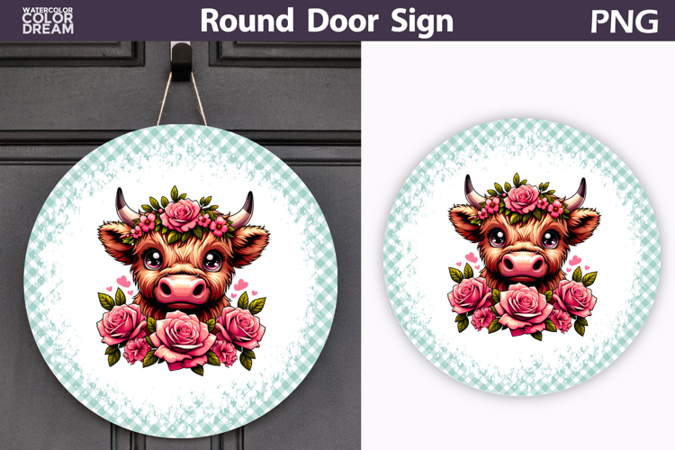 Highland Cow Floral Door Sign | Round Sublimation PNG