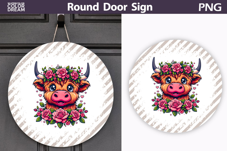 Highland Cow Floral Door Sign | Round Sublimation PNG