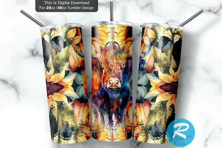 Bright Highland Cow Floral 20oz/30oz Skinny Tumbler