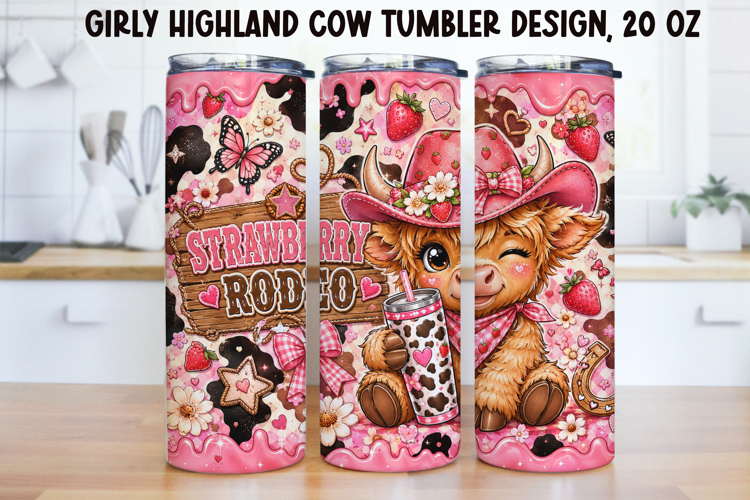 Girly Highland Cow Tumbler Wrap PNG 20oz