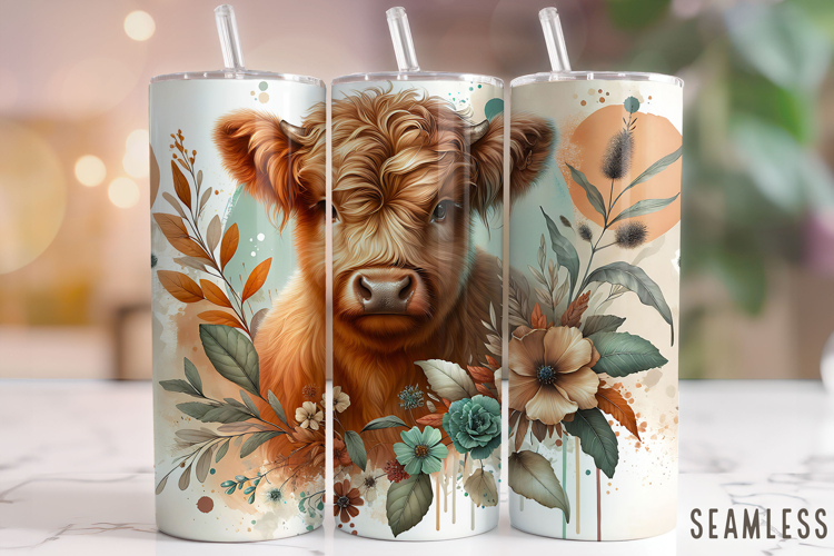 Floral Highland Cow Tumbler Wrap, Cute Highland Cow Tumbler