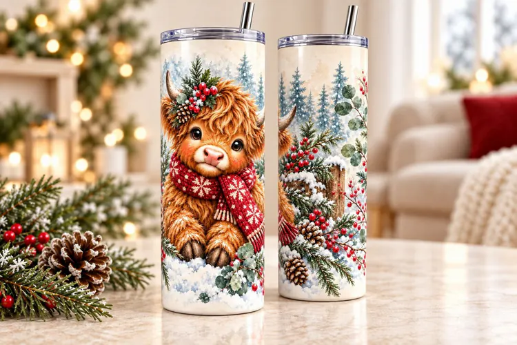 Christmas Highland Cow Tumbler Wrap 20 oz PNG