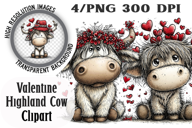 Highland Cow Valentine Clipart PNG