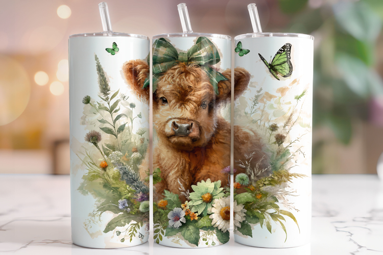 Floral Highland Cow Tumbler Wrap, Cute Highland Cow Tumbler