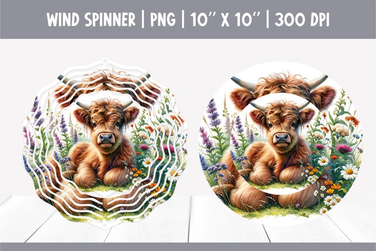 HIghland Cow Flowers Wind Spinner Sublimation | Wildflowers